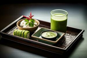 matcha latté y tradicional japonés bento desayuno en un lacado bandeja foto