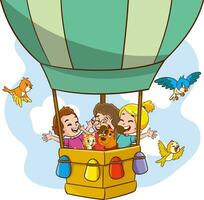 vector illustration of kids flying with air balloon