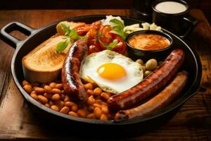 Savory Traditional English breakfast served on a rustic cast iron plate photo