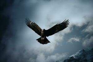 águila en rígido, negro y blanco, grabado en contra montañoso fondo ai generado foto