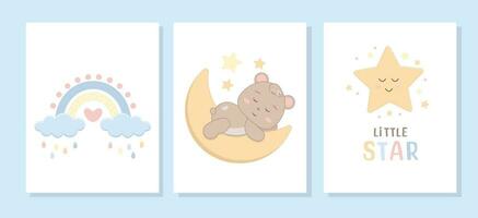 A set of vector greeting cards and posters. Cute cartoon bear cub with a rainbow, a star and a cloud.