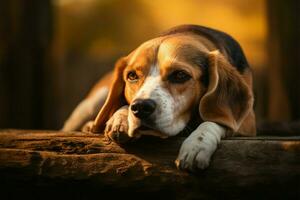 un sereno veterano beagle descansa, de plataforma sus cabeza en patas, pacíficamente ai generado foto