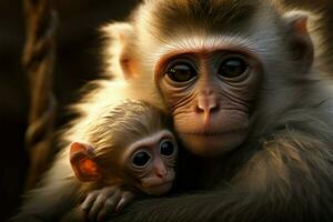 un madre mono cariñosamente cunas su precioso niño en su brazos ai generado foto