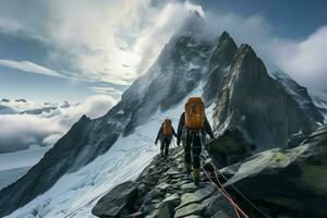 el atrevido viaje de alpinistas escalada el formidable Grossglockner pico ai generado foto