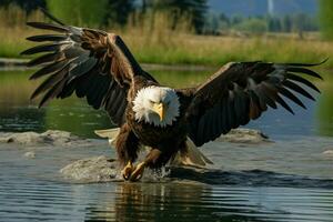 Closeup captures eagles graceful flight and majestic landing sequence AI Generated photo