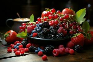 Vibrant fruit fiesta, cherries, blueberries, strawberries, pomegranate, blackberries grace wooden table AI Generated photo