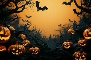 Frightening Halloween night frame, featuring bats and menacing jack o lanterns AI Generated photo