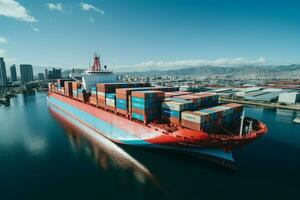 Container ship facilitates worldwide trade, quay crane loads cargo in import export AI Generated photo