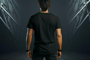 Black tee with back design showcased on a fashionable young man AI Generated photo