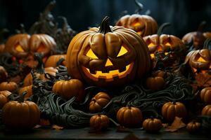 Dynamic 3D jack o lanterns, bats, and orange backdrop Happy Halloweens essence AI Generated photo