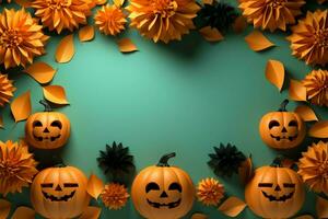 Top view Halloween concept Creative orange paper table decoration on a background AI Generated photo