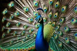 Enchanting courtship male peacock woos with iridescent tail and dance AI Generated photo