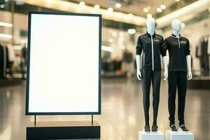 Twin mannequins stand next to a white board mockup, presentation AI Generated photo