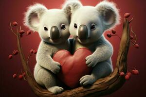 corazones lleno 3d coala dúo ilustración encarna adorable amor conexión ai generado foto