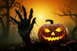 Zombie hand emerges from 3D rendered Halloween pumpkin in spooky setting AI Generated photo