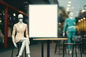 Behind the white board mockup, two mannequins strike fashionable poses AI Generated photo