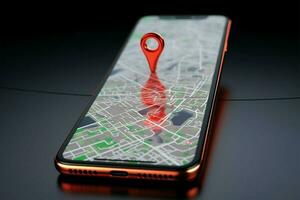 navegación concepto. 3d teléfono inteligente caracteristicas sorprendentes rojo mapa puntero ai generado foto