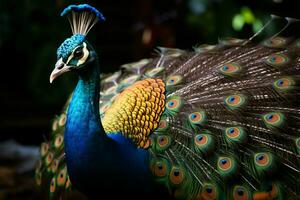 masculino pavos reales encantador cola plumas y agraciado muestra cautivar todas ai generado foto