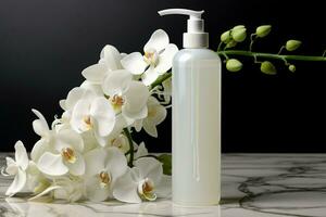 Lotion and a graceful white orchid share a serene tableau AI Generated photo