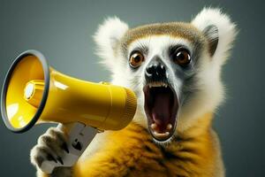 Funny lemur commands attention with a yellow speaker, marketing success AI Generated photo