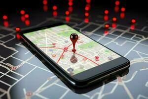 Digital guidance. Map with red pointers outlines route on smartphone AI Generated photo