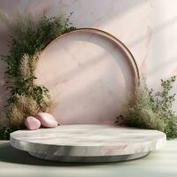 Light marble podium for goods with flowers and leaves. Generative AI photo