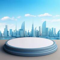 Empty trendy round podium against landscape background. Generative AI photo