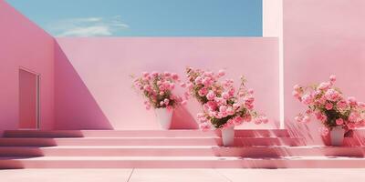 AI Generated. AI Generative. Pink wall botanical flowers plant architecture. Luxury cozy minimal vibe background. Graphic Art photo