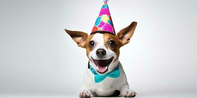 AI Generated. AI Generative. Cute funny dog pet in birthday party hat celebration. Graphic Art photo