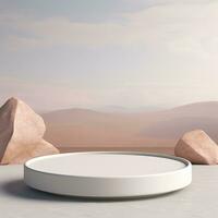 Empty round white podium, stage, pedestal for goods and objects. Generative AI photo