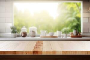 un vacío de madera mesa en un borroso cocina antecedentes. foto