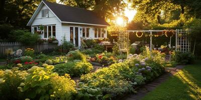 ai generado. ai generativo. naturaleza al aire libre exterior casa jardín con acogedor mesa con muchos plantas flores gráfico Arte foto