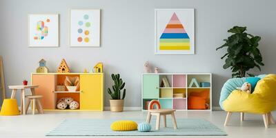 AI Generated. AI Generative. Child living bedroom in bright colors. Comfortable indoor architecture. Graphic Art photo