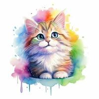 Cute watercolor cat in rainbow colors, isolated illustration on white background. Generative AI photo