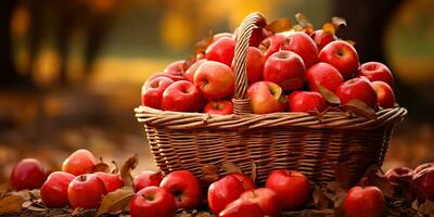 AI Generated. AI Generative. Autumn fall fresh organic red apples in wooden basket. Graphic Art photo