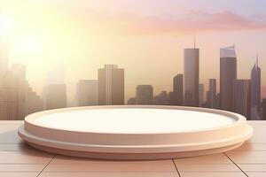 Empty trendy round podium against landscape background. Generative AI photo