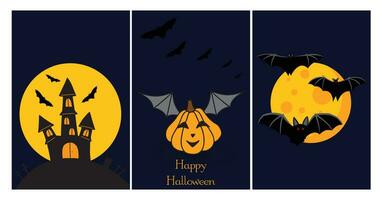 Seasonal greetings cards. Scandinavian cards for Halloween. Hunted house, bats on the background of the moon, Halloween cute pumpkin with wings. Vector illustration