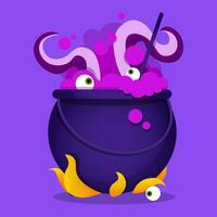 Halloween cauldron with pink potion, octopus tentacles and eyes vector