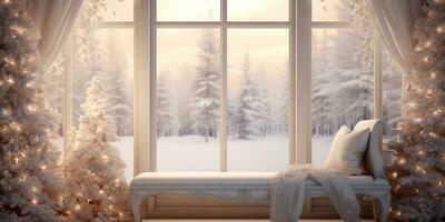 AI Generated. AI Generative. New year xmas Merry Christmas outdoor home house decoration window front celebrate snow winter december season. Graphic Art photo