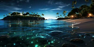 ai generado. ai generativo. noche brillante ligero brillar plancton mar Oceano antecedentes. marina náutico vacaciones isla. gráfico Arte foto