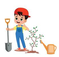 cute boy planting saplings vector