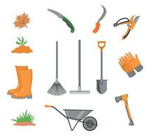 Gardening set. Tools, wooden box, garden gloves, rubber boots, watering can, tags, human hand, soil, scissors, plant pot Isolated. Floristry and gardening, hobby, outdoor activities. Gardeners Supply. vector