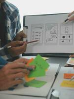 Close up ux developer and ui designer brainstorming about mobile app interface wireframe design on table with customer breif and color code at modern office.Creative digital development agency photo