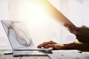 Business Man Financial Inspector and Secretary Making Report, Calculating or Checking Balance. Internal Revenue Service Inspector Checking Document Audit Concept photo