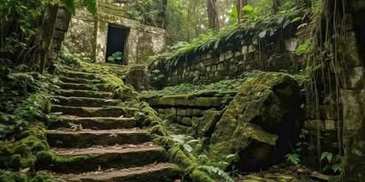 ai generado. ai generativo. antiguo antiguo selva bosque edificio ruina historia civilización al aire libre paisaje. gráfico Arte foto