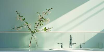 ai generado. ai generativo. blanco moderno mínimo blanco lujo lavabo baño cocina con espejo y planta flor. gráfico Arte foto