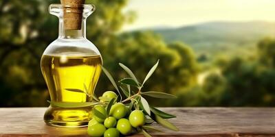 AI Generated. AI Generative. Olive oil on wooden background table nature outdoor mock up decoration. Graphic Art photo