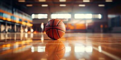 ai generado. ai generativo. baloncesto juego deporte arena estadio Corte en destacar con cesta pelota en piso. gráfico Arte foto