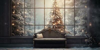 AI Generated. AI Generative. New year xmas Merry Christmas outdoor home house decoration window front celebrate snow winter december season. Graphic Art photo