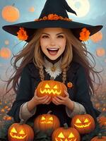 Smiling Witch Holding Pumpkin In Pumpkin Patch. Generative AI photo